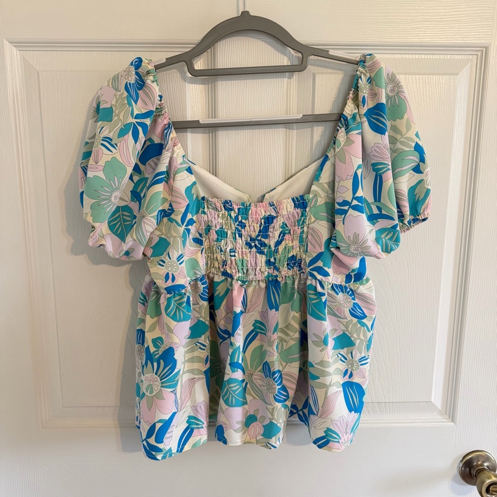 Honey & Sparkle Floral Smocked Babydoll Top Size L Puff Sleeve - Picture 3 of 5